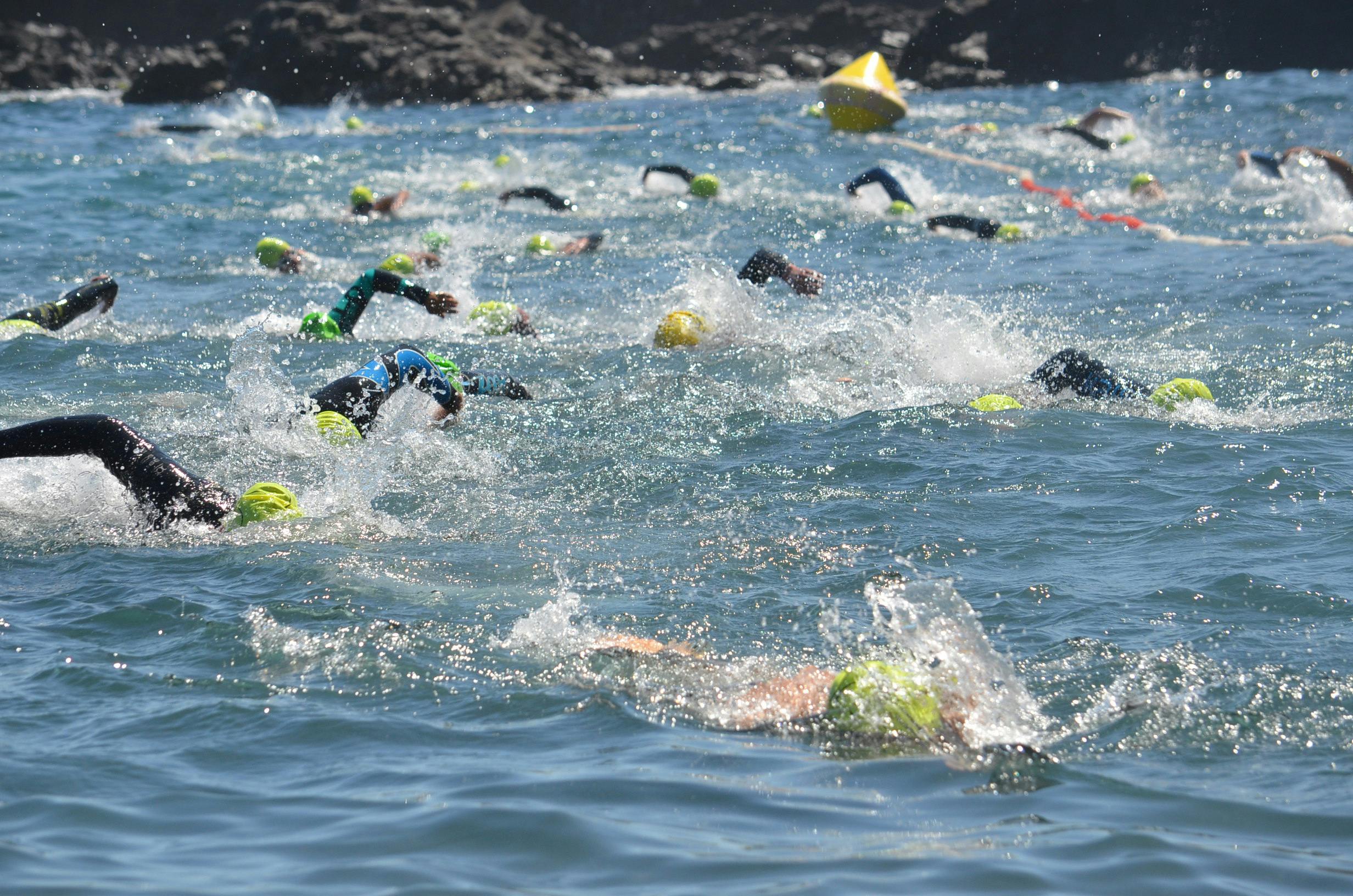 Swimmers competing in a race in the water